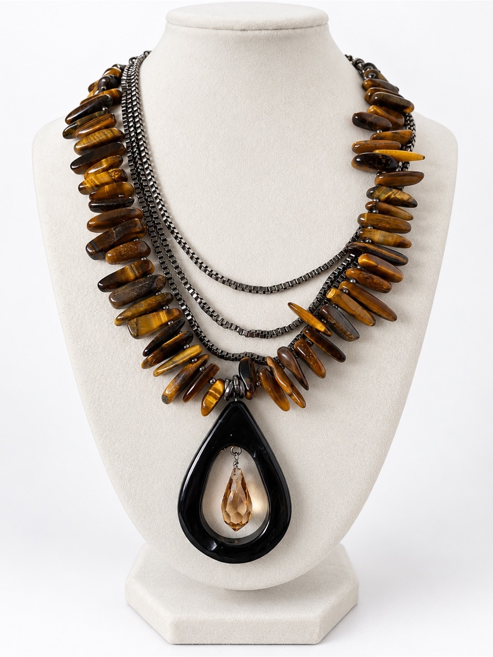 Network Layered Tiger Eye Style Stone & Black Pendant Statement Necklace